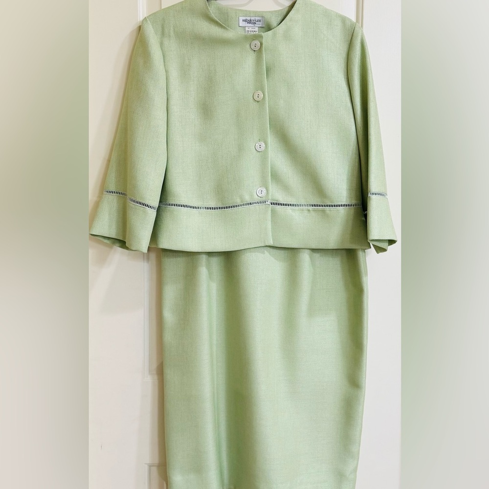 Vintage Skirt Suit Set Green 2 Piece Pencil Preppy Jacket 90s 8P - Picture 2 of 9